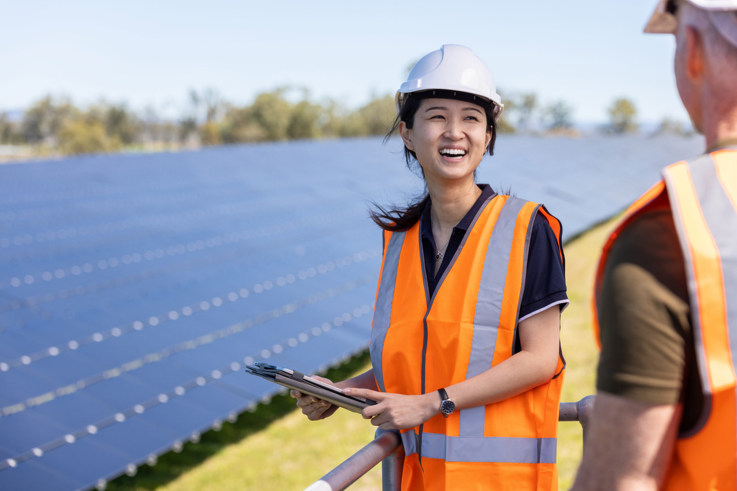 Engineers working together on a solar farm installation