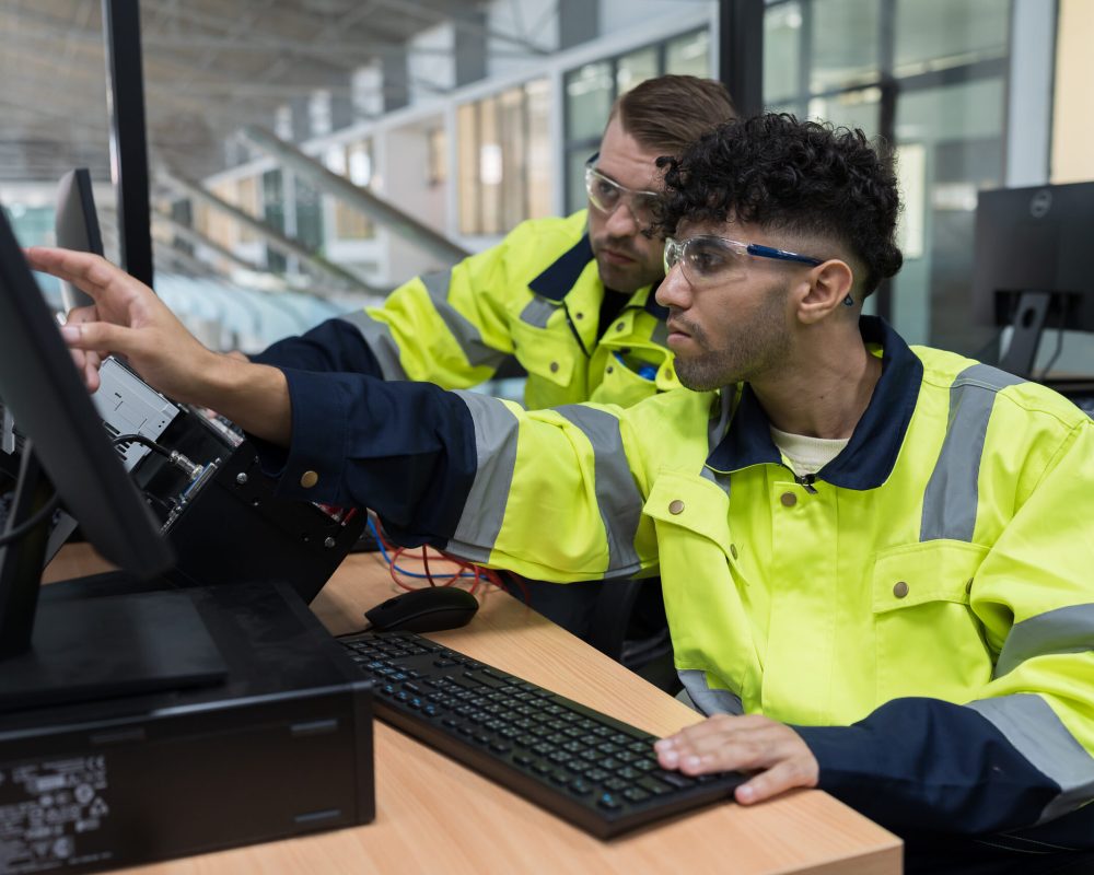 Machine learning. Electrical engineer. Works on desktop computer. Team of male engineers training Programmable logic controller in workshop. Industrial computer concept